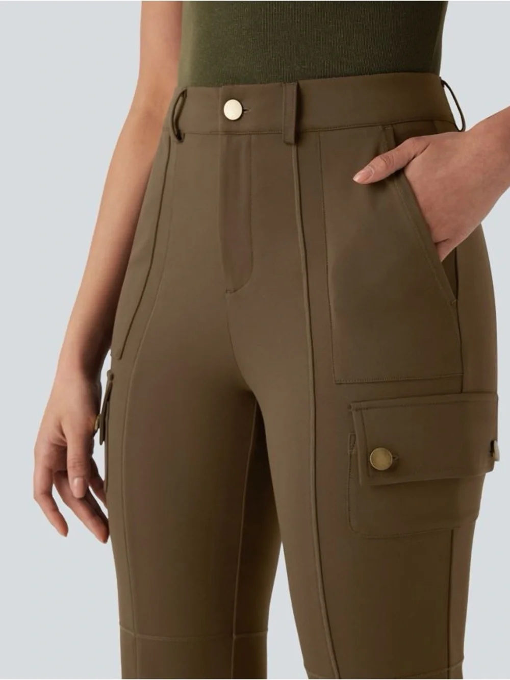 Halara DayStretch Mid Rise Pockets Hiking Cargo Bootcut Pants| Light Brown/Taupe - Picture 5 of 8